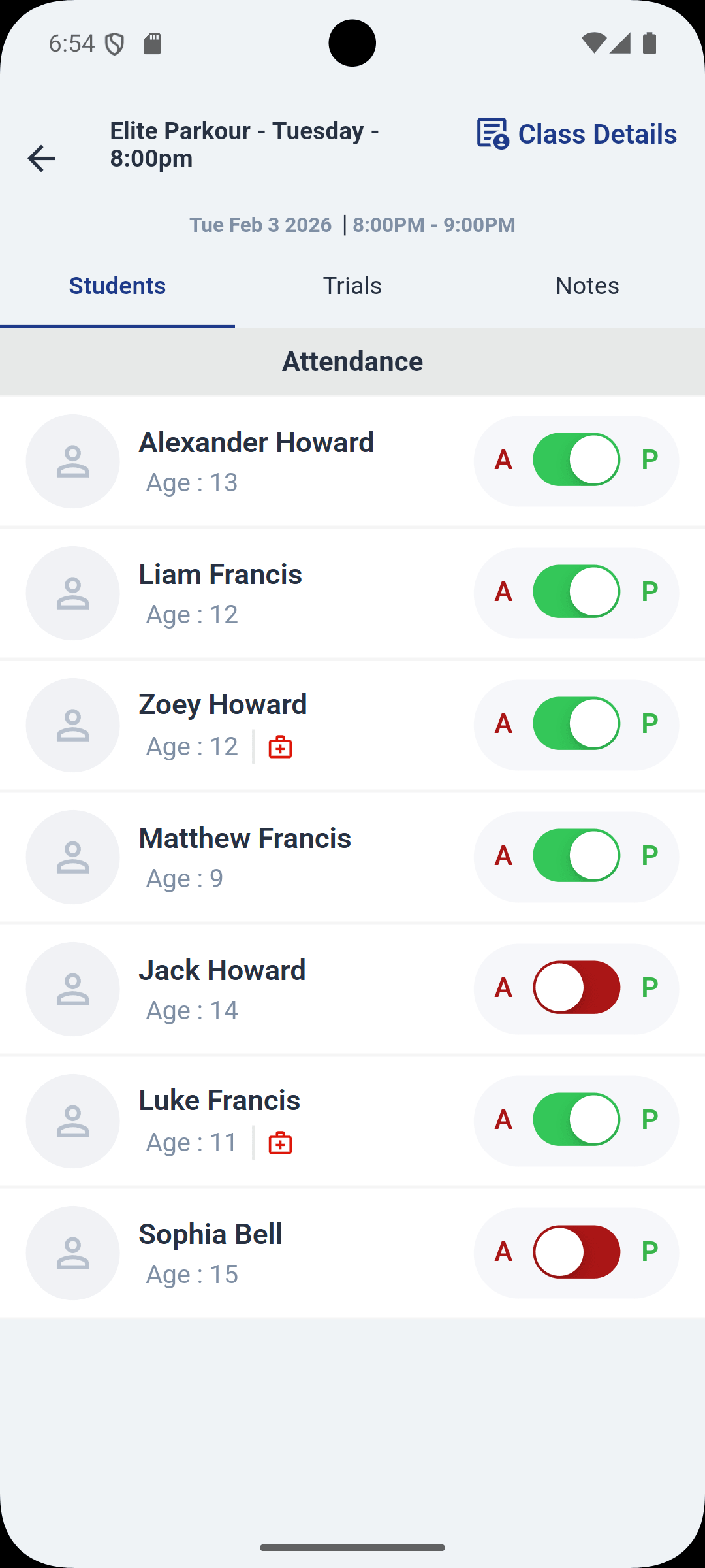Taking attendance in the staff mobile app