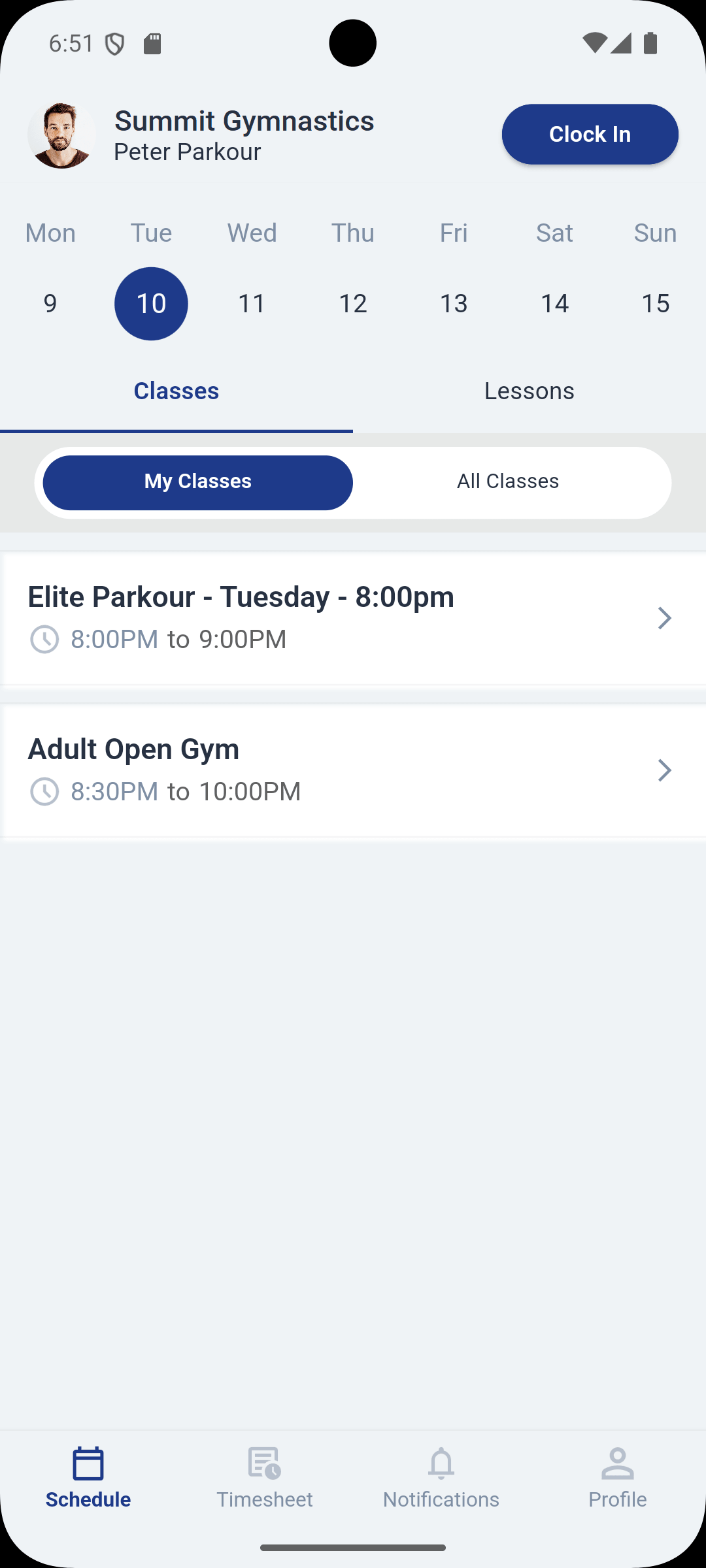 Staff mobile app schedule view