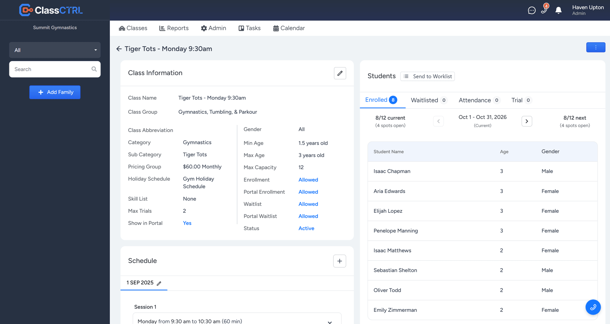 Class scheduling and management interface