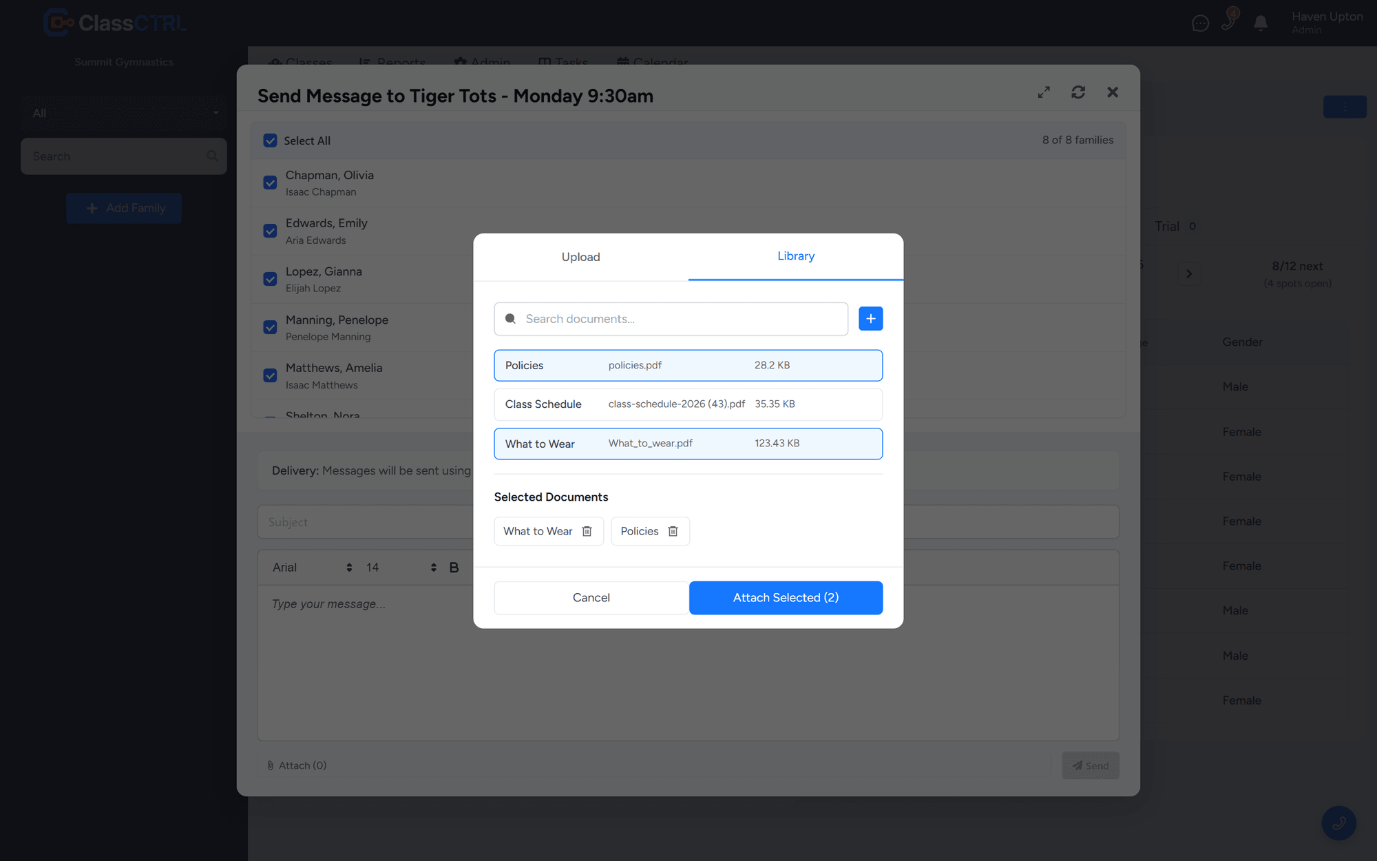 Attaching documents from the library to a message for a whole class