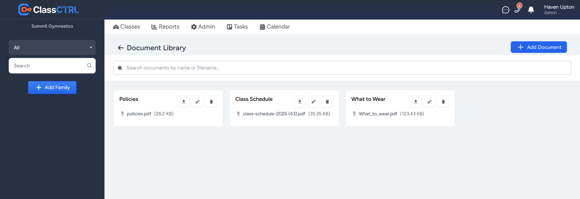 Document library with policies, a class schedule, and a what-to-wear guide