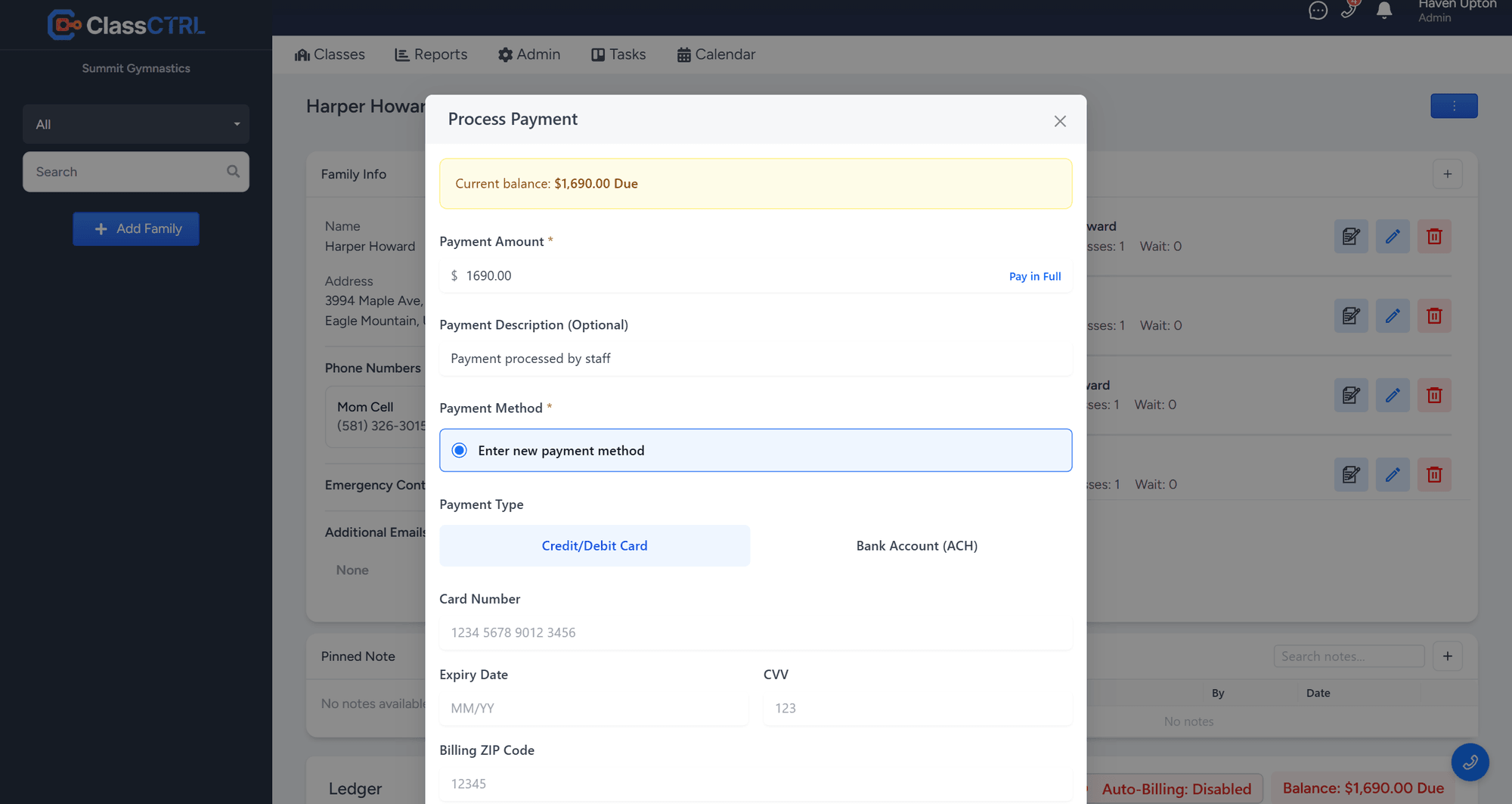 Taking a card or bank payment from a family account
