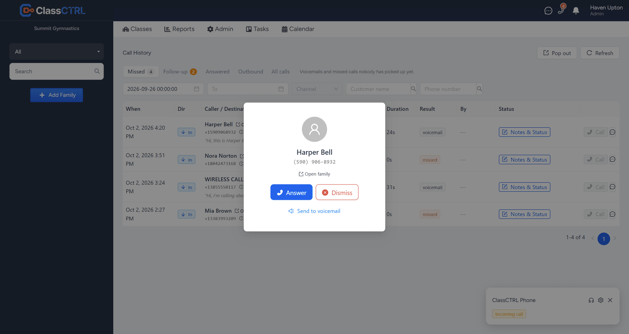 Incoming call matched to a family, with Answer, Dismiss, and Send to voicemail