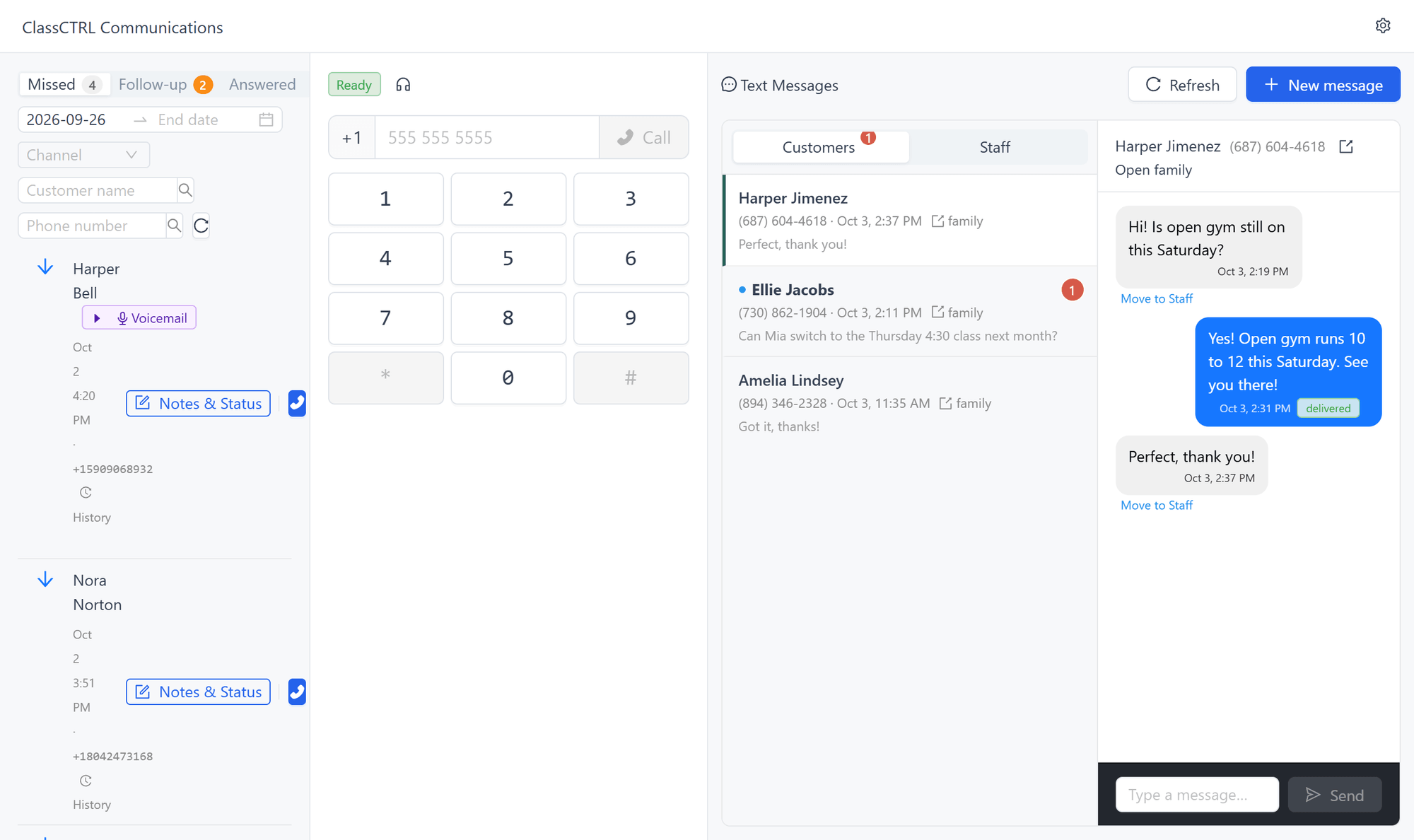 Pop-out phone window with call history, dialer, and text messages