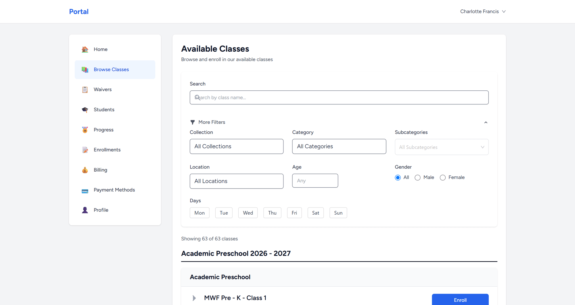 ClassCTRL Customer Portal — Browse and Filter Classes