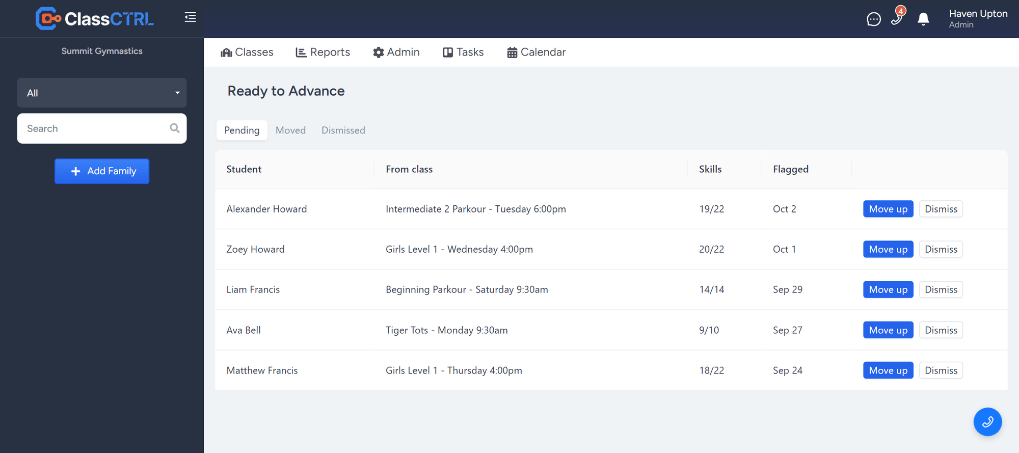 Ready to Advance list with each student's class, skills passed, and a Move up button