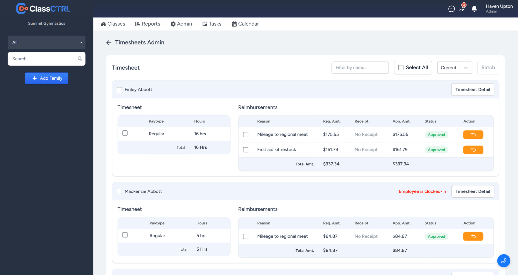 Timesheet admin showing each staff member's hours and reimbursements for the pay period