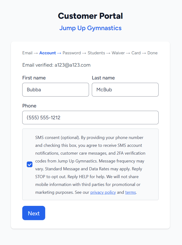 ClassCTRL customer portal account step showing the phone number field and SMS consent checkbox with full consent disclosure