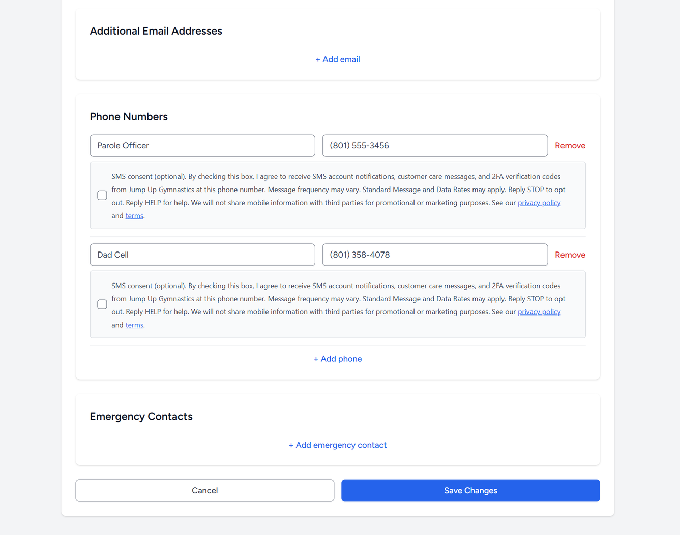 ClassCTRL customer portal profile page showing per-phone-number SMS consent checkboxes with full consent disclosure